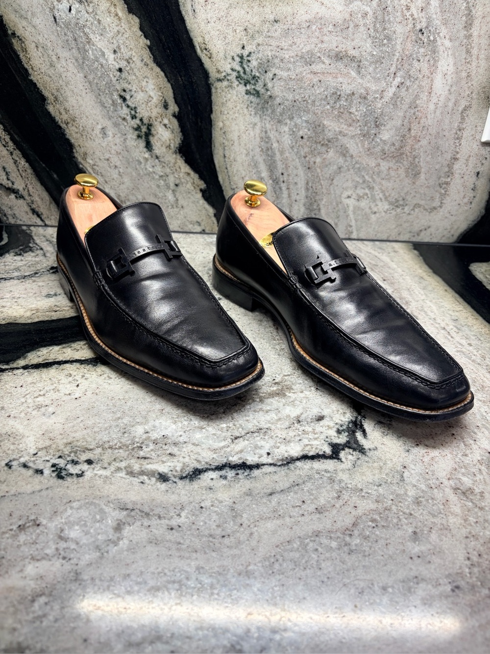 A. Testoni White Label Black Leather Loafers Men’s UK 8G US 9 Italy